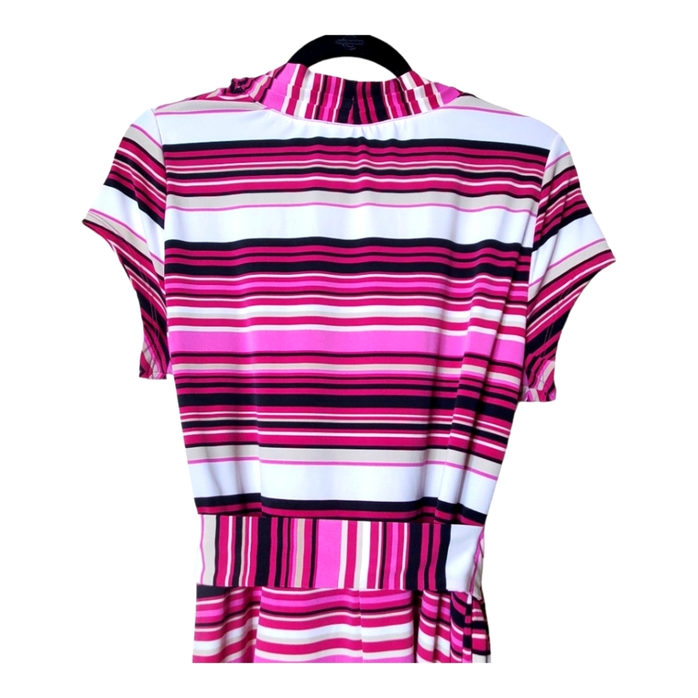 Liz Claiborne Striped Wrap Dress Large L Polyester Spandex Tie Waist Work - Picture 7 of 9